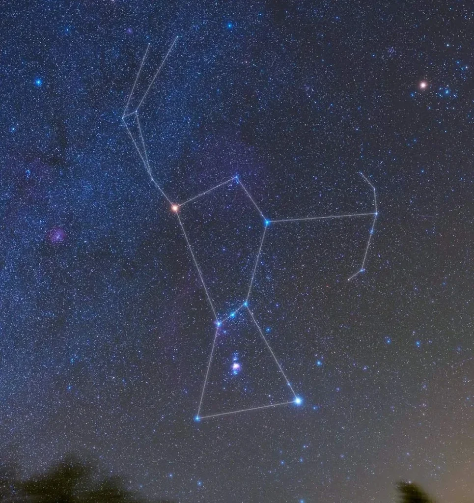 Orion constelación foto real, con líneas trazadas para aprender a reconocer la silueta