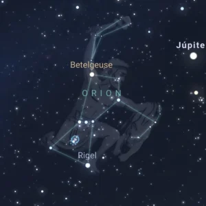 constelación de orión con imagen, asterismos y estrellas señalados, en app de astronomia
