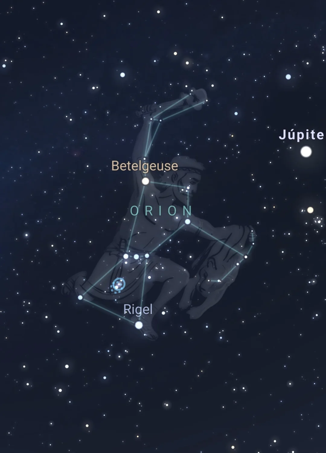 constelación de orión con imagen, asterismos y estrellas señalados, en app de astronomia